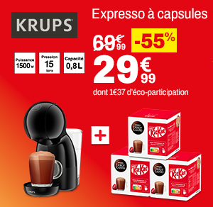 Machine à café Expresso à capsules Krups noire avec 3 boîtes de capsules à 29,99 € au lieu de 69,99 €.