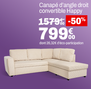 Canapé d'angle droit convertible Happy à 789,00 € au lieu de 1579,99 €.