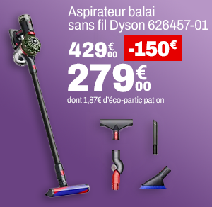 Aspirateur balai sans fil Dyson 626457-01 à 279,00 € au lieu de 429,99 €.